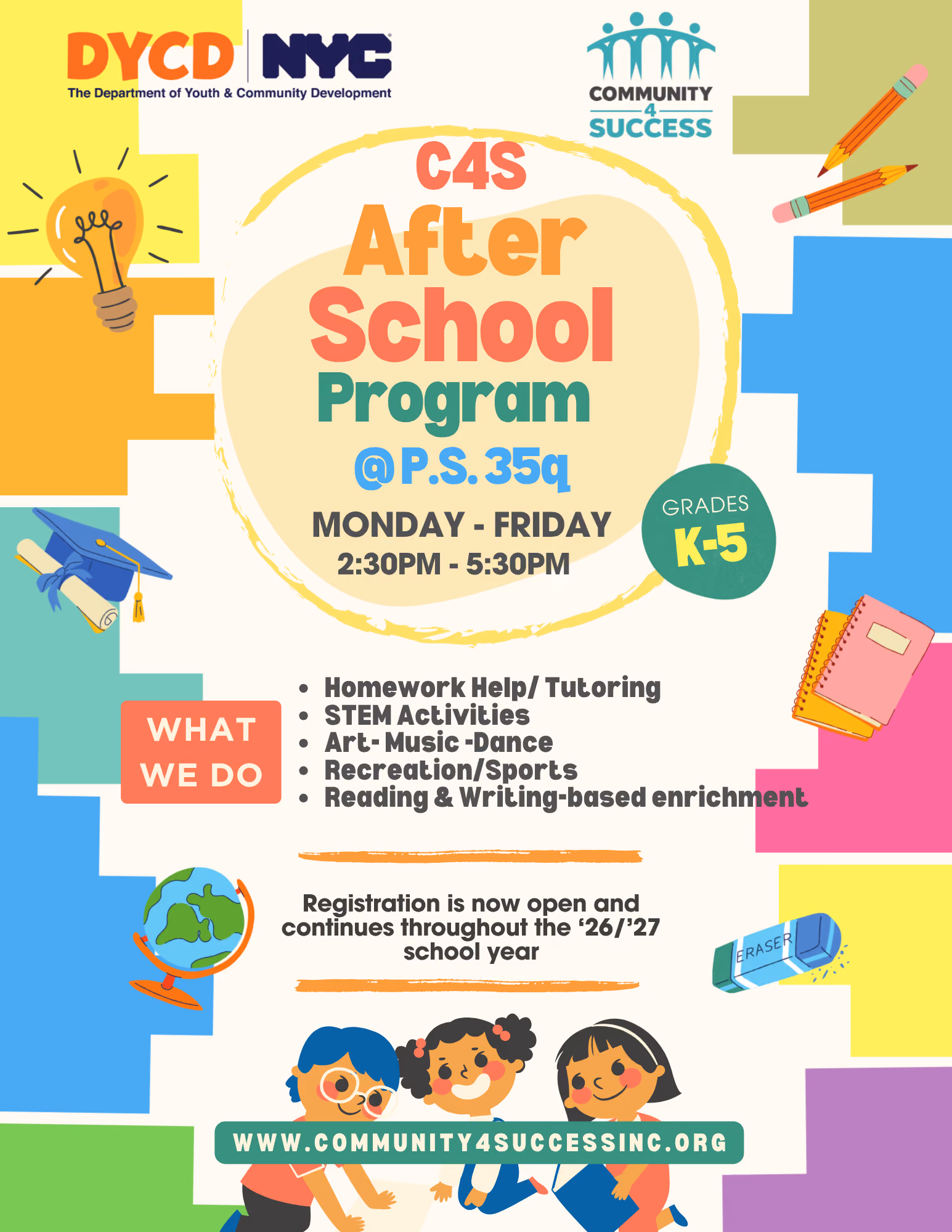 C4S After School Program flyer for P.S. 35Q: Monday to Friday, 2:30 PM to 5:30 PM, grades K to 5