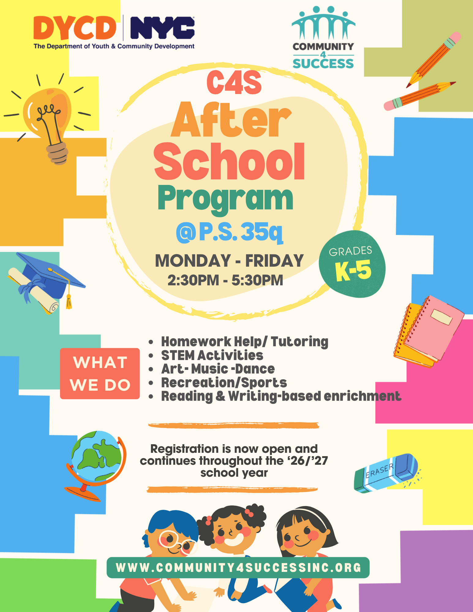 C4S After School Program flyer for P.S. 35Q, grades K-5, Monday through Friday 2:30pm to 5:30pm