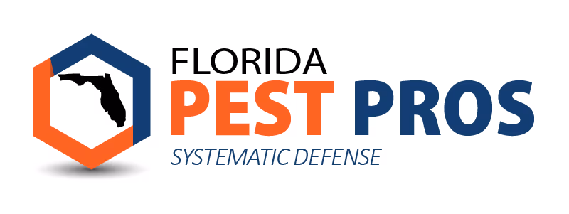 Logo of Florida Pest Pros featuring an orange and navy hexagon with a map of Florida inside and the tagline 'Systematic Defense'.