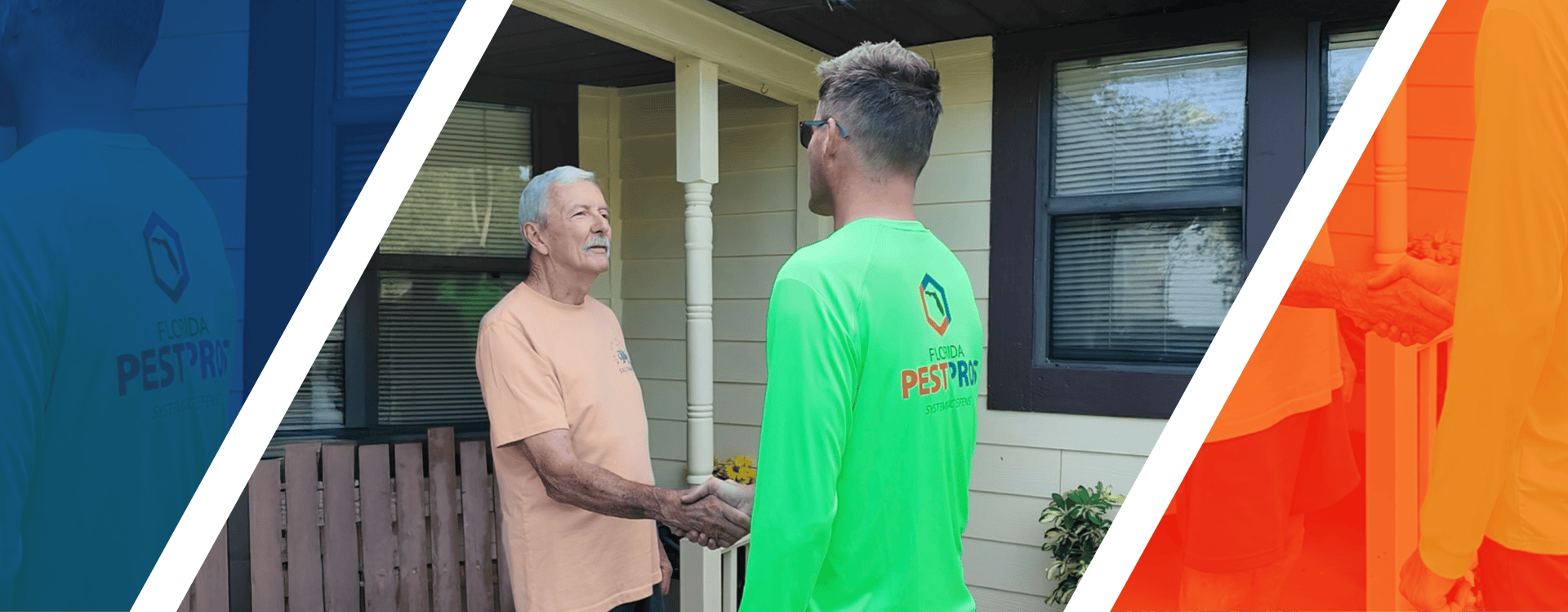 Two men shaking hands outside a house, one wearing a bright green shirt with a Florida Pest Pros logo.