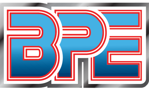 Stylized blue letters BPE outlined in white and red with a metallic shadow effect.