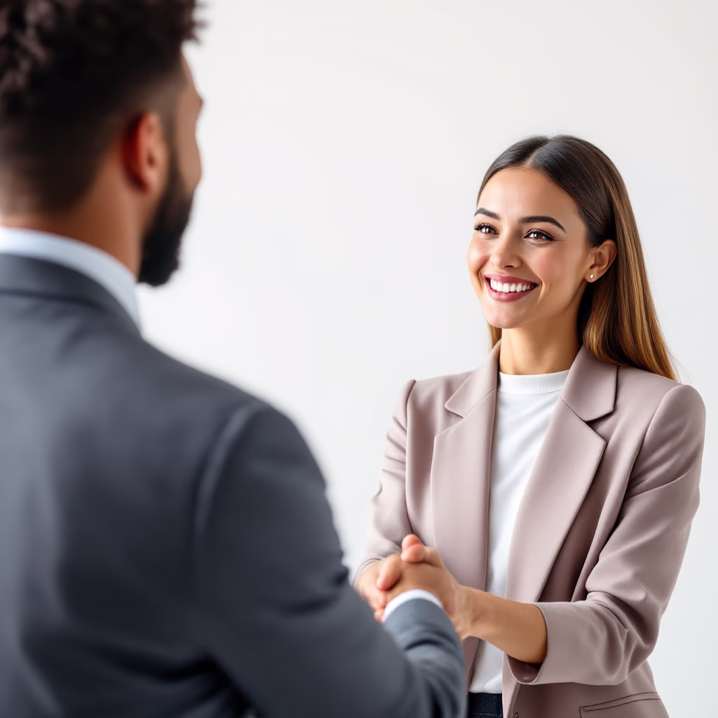 [headshot] image of satisfied customer shaking hands with company representative (for a fintech company)