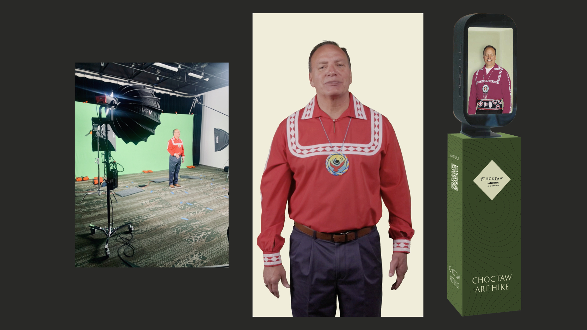 Choctaw cultural representative beside a digital twin display kiosk.