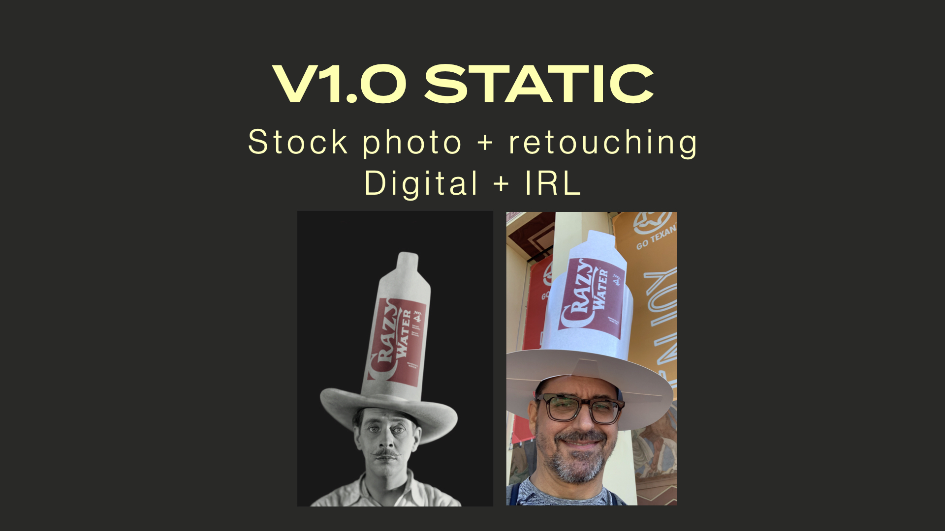 1.0 Static’ describing stock photo + retouching; shows a vintage cowboy image next to a modern selfie recreating the bottle-hat look