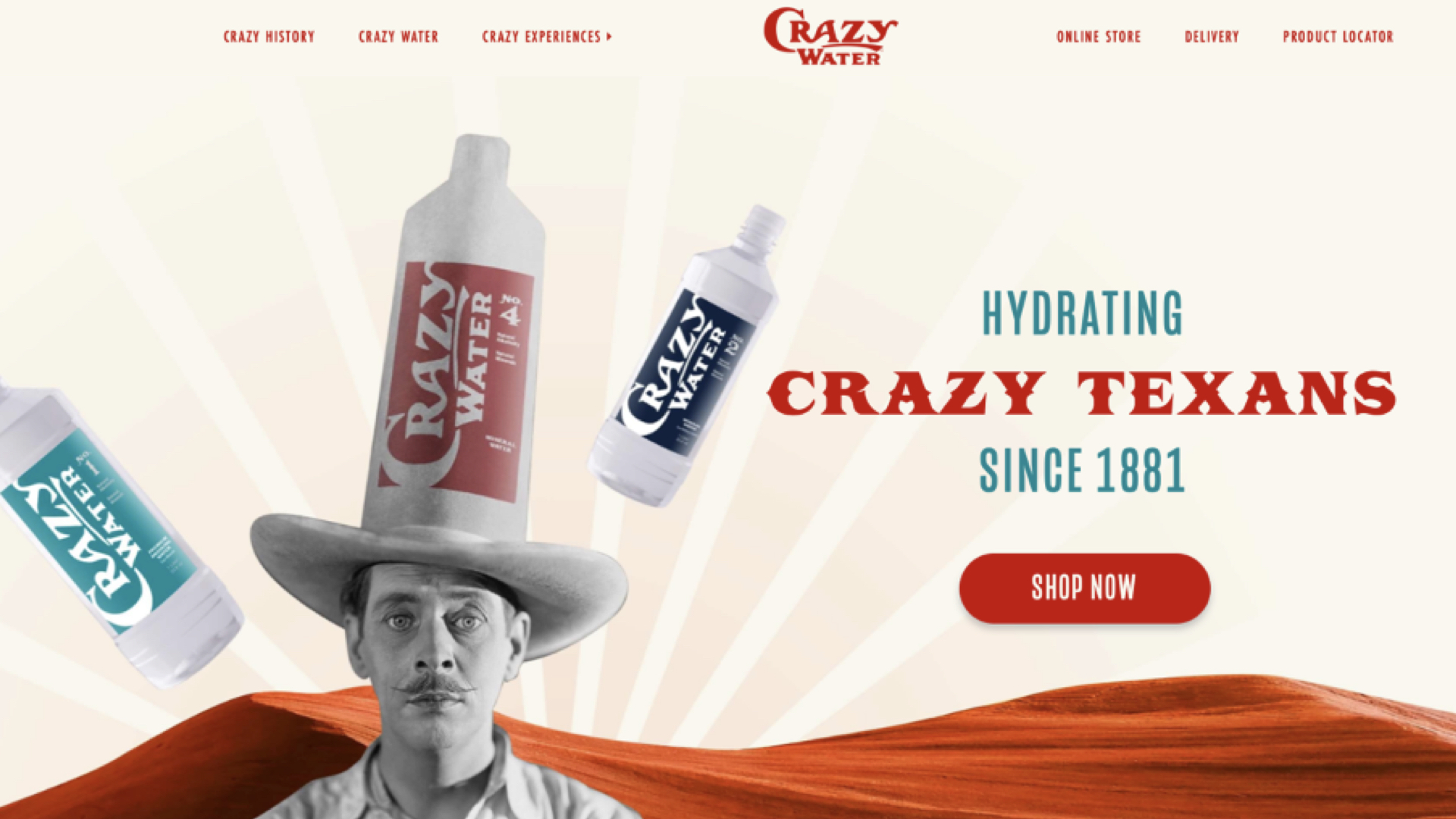 Crazy Water website hero showing vintage-styled ‘Hydrating Crazy Texans Since 1881’ headline with floating bottles and a black-and-white cowboy portrait.