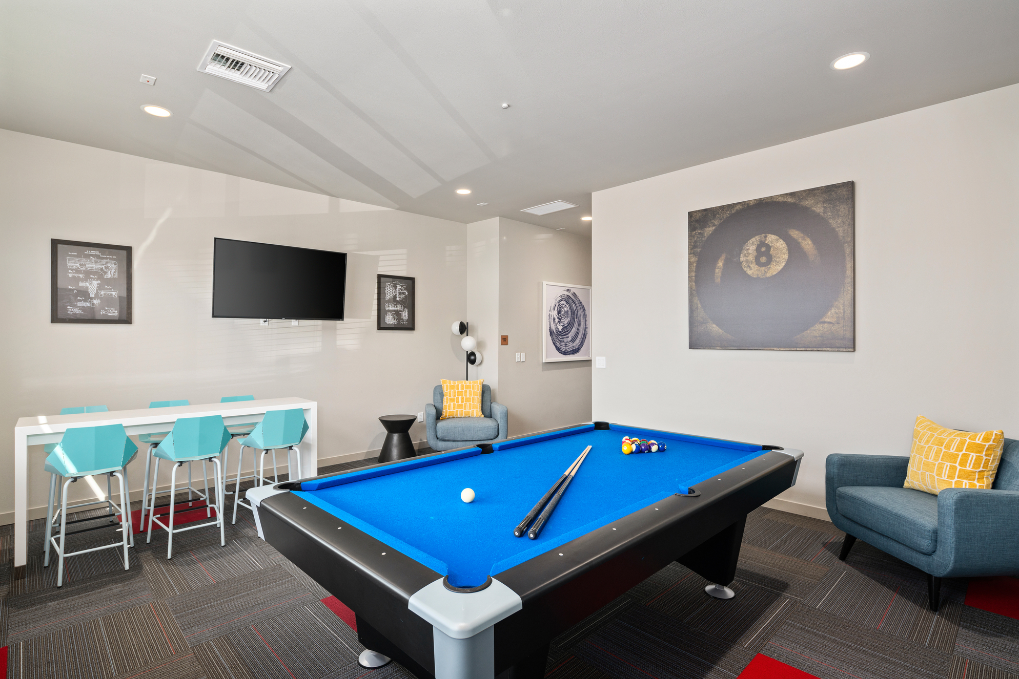 copper mountain game room with billiards table, TV and seating