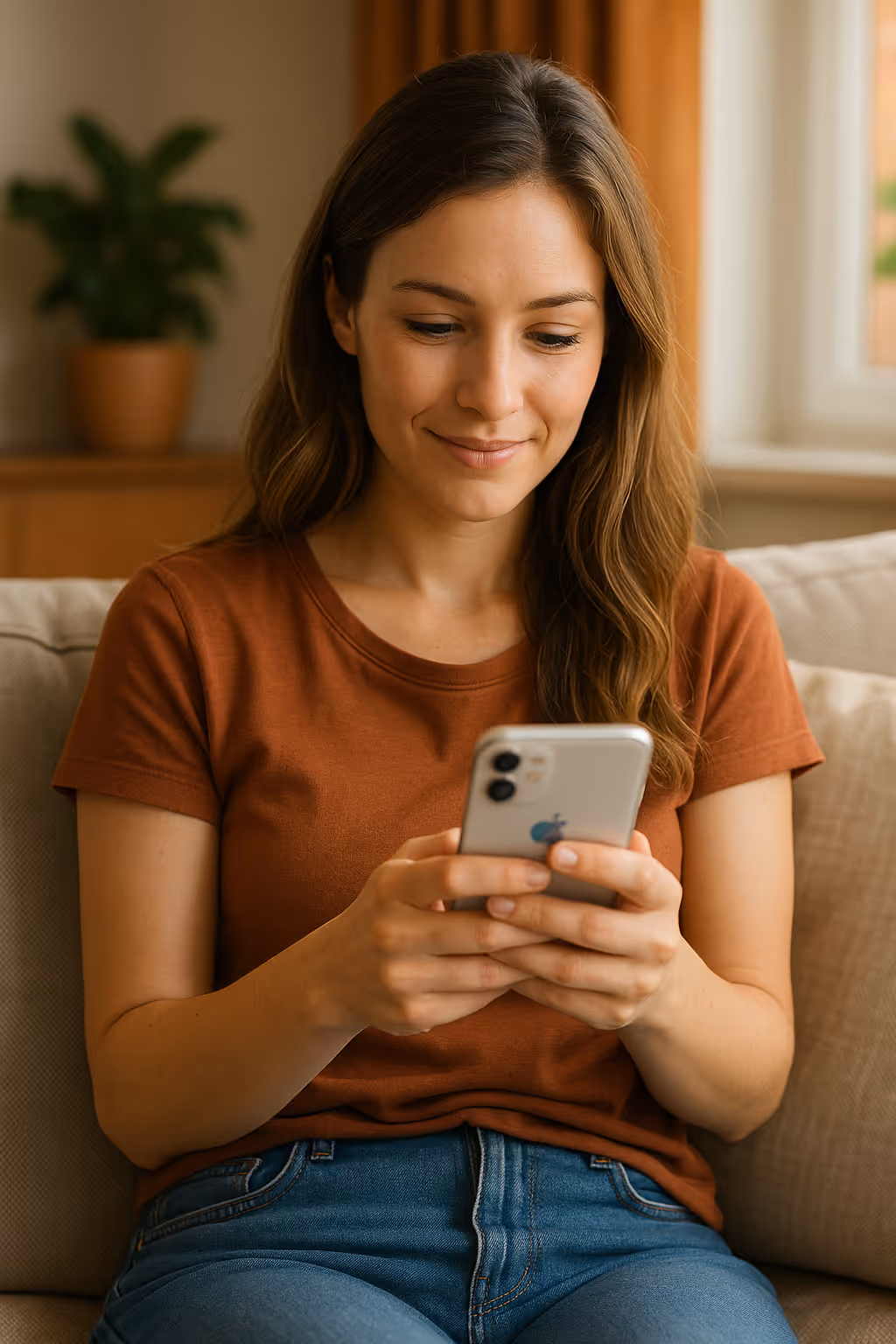 Vrouw met kastanjebruin t-shirt en blauwe jeans die op een bank zit en op haar smartphone kijkt.