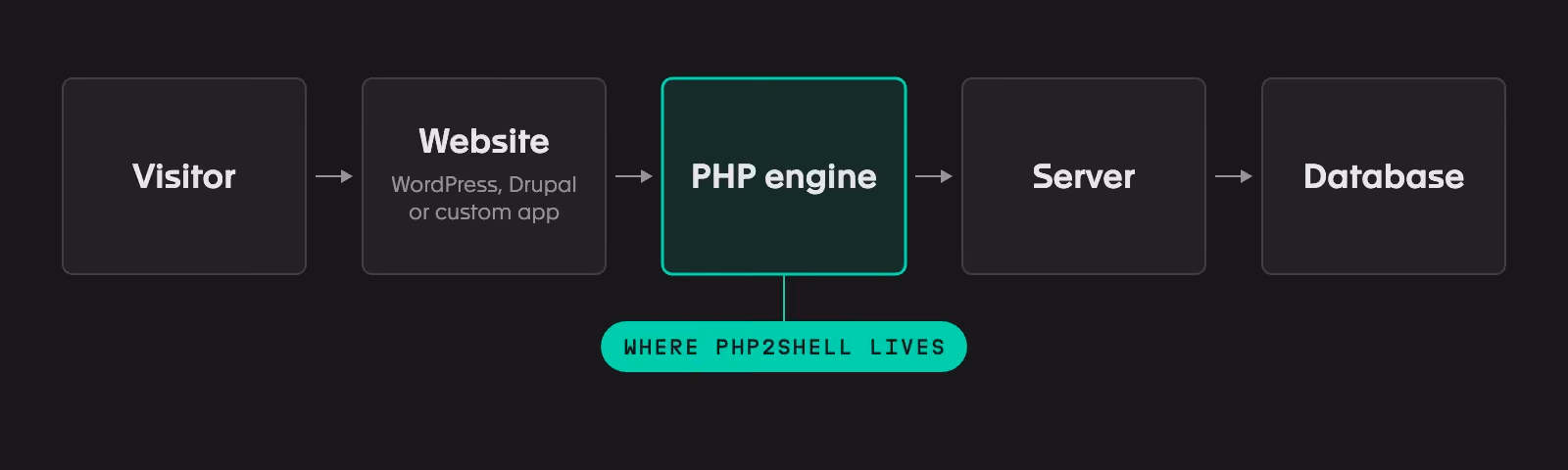 Diagram showing a website request passing through the PHP engine to the server, with the PHP engine marked as the vulnerable layer
