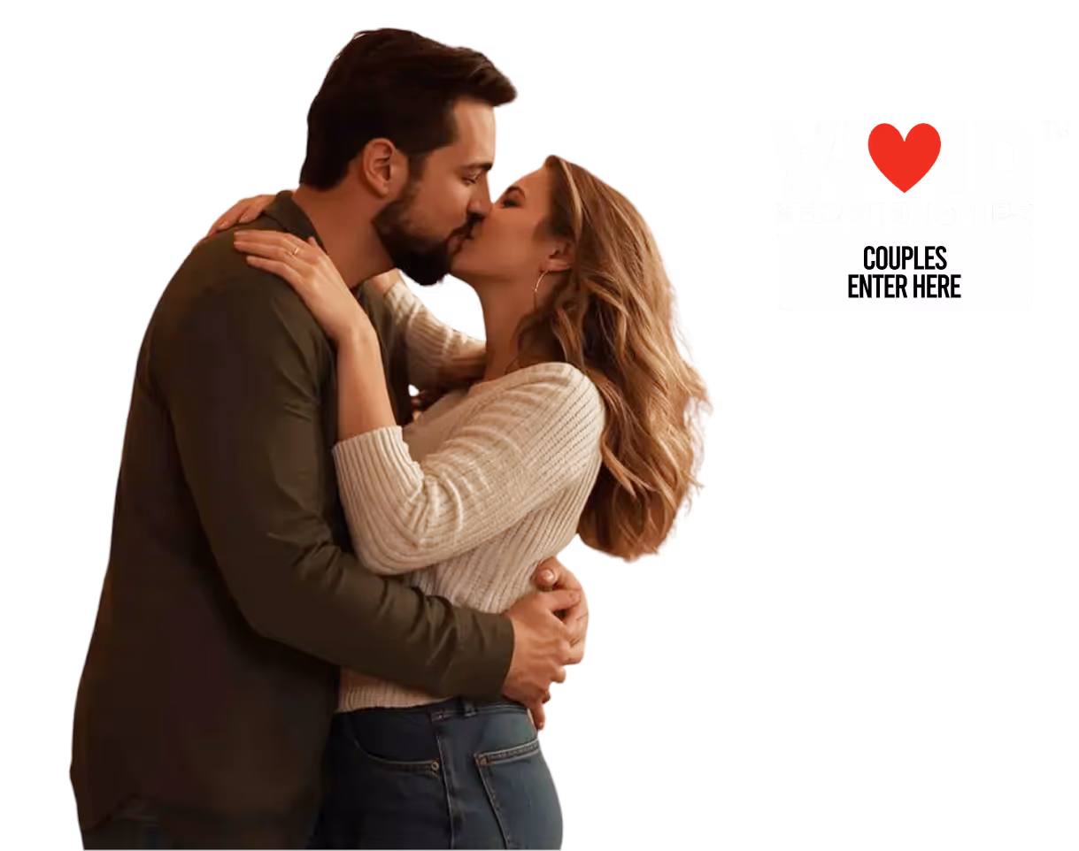 Man and woman embracing and kissing, with logo text 'Vivid Relationships' and 'Couples enter here' button.