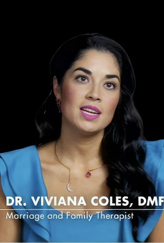 Dr. Viviana Coles, Marriage and Family Therapist, speaking with a black background, wearing a blue top and pink lipstick.