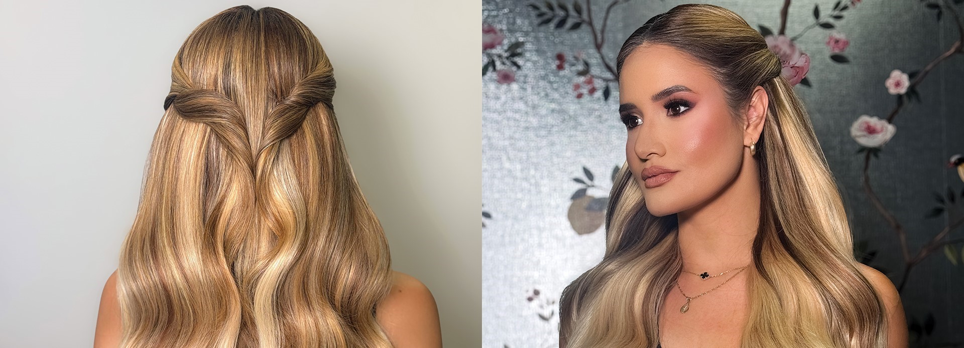 Professional stylist showcasing elegant hairstyles and makeup artistry for women
