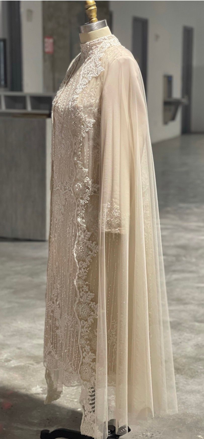 A cream-colored, long-sleeved sheer lace dress with intricate embroidery displayed on a dress form in an indoor setting.