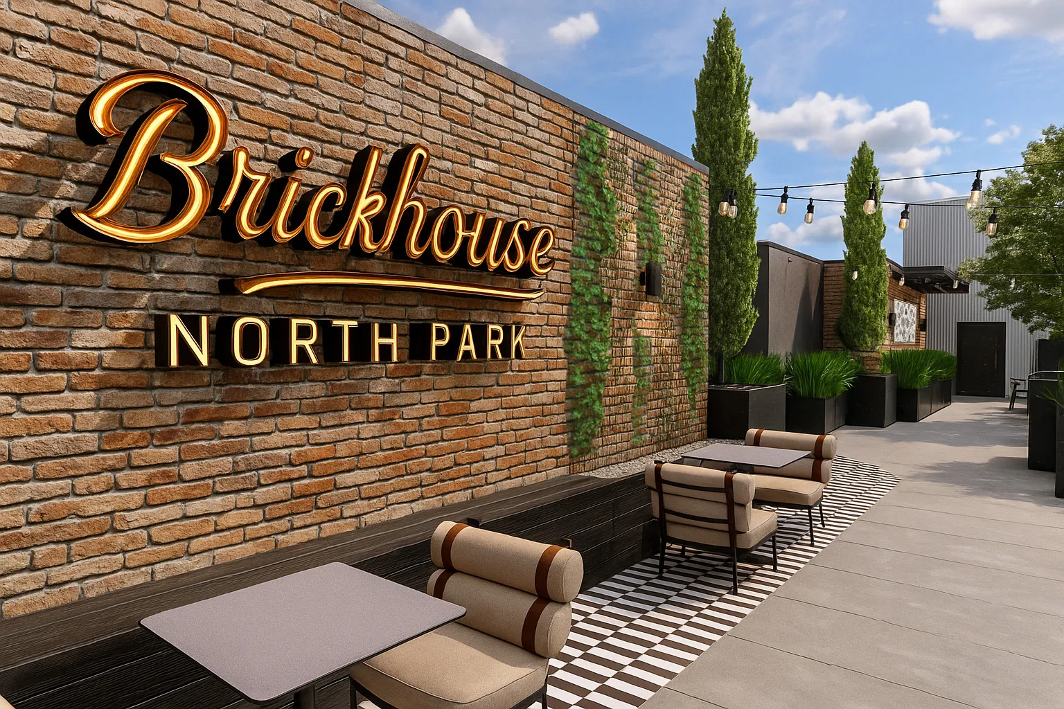Outdoor patio area of Brickhouse North Park with brick wall signage, cushioned chairs, tables, string lights, and tall green plants.