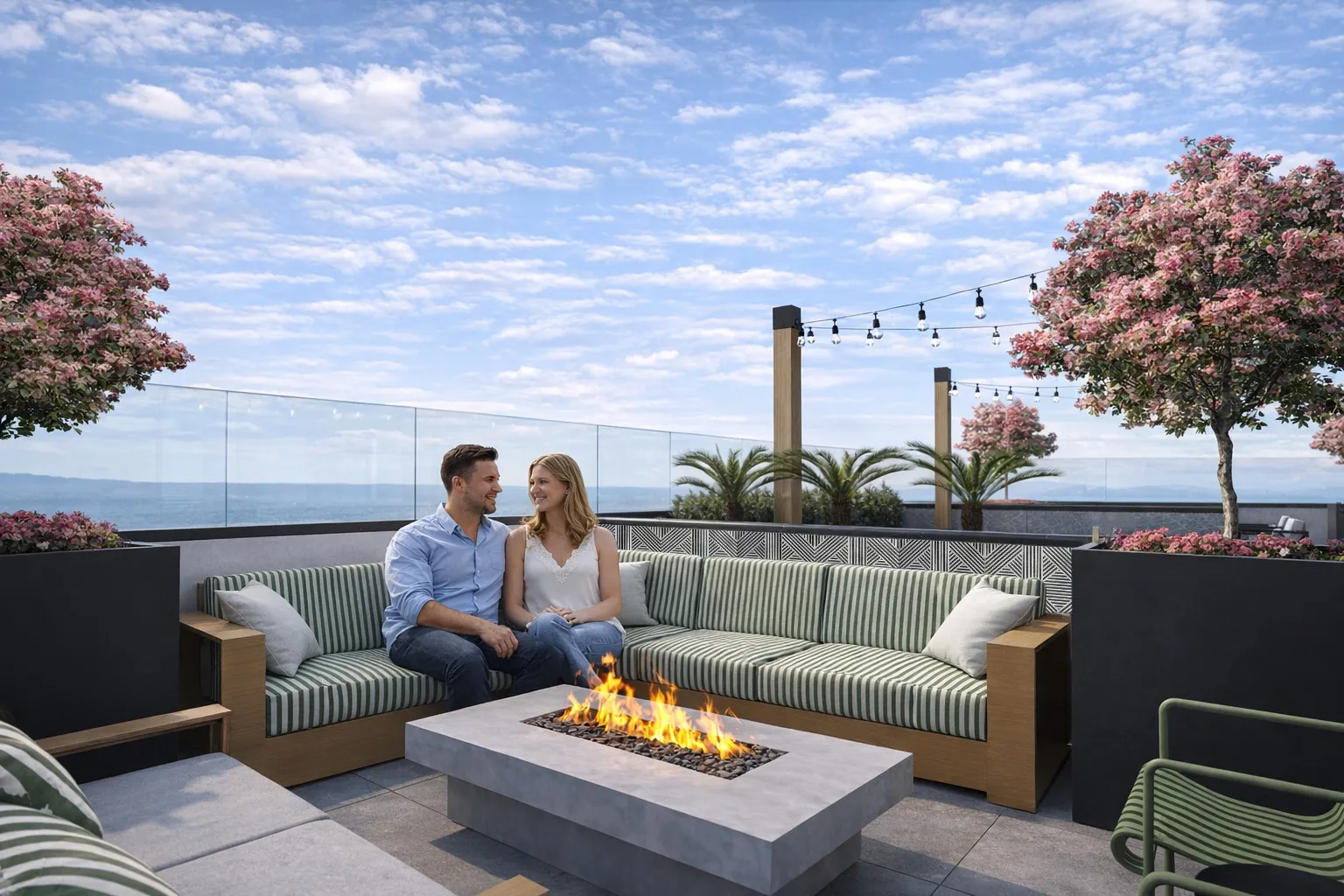 A couple sits on a striped outdoor sectional sofa beside a modern fire pit on a rooftop patio with flowering trees and string lights overhead.