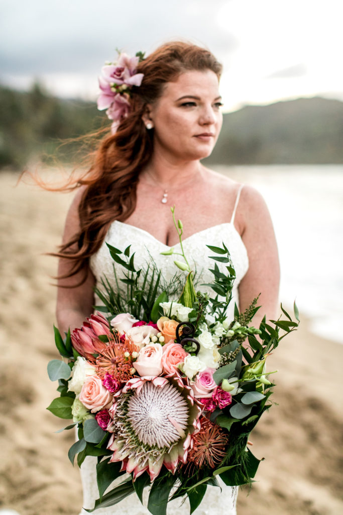 Bride on the beach in Kauai.