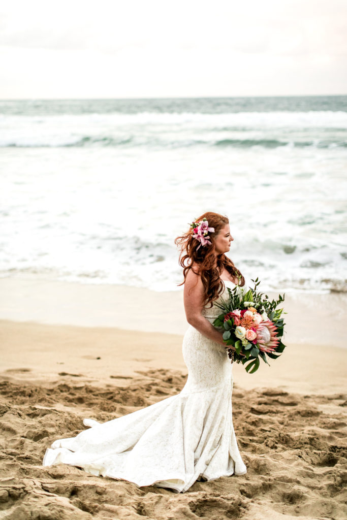 Bride on the beach in Kauai.