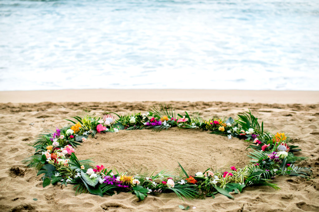 Flower circle on the beach in Hawai.