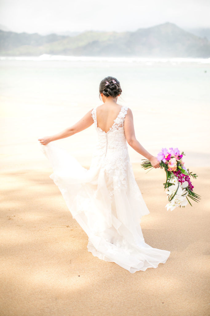 Bride on the beach in Kauai.
