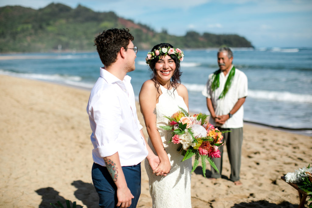 Bride and Groom at their wedding in Kauai.