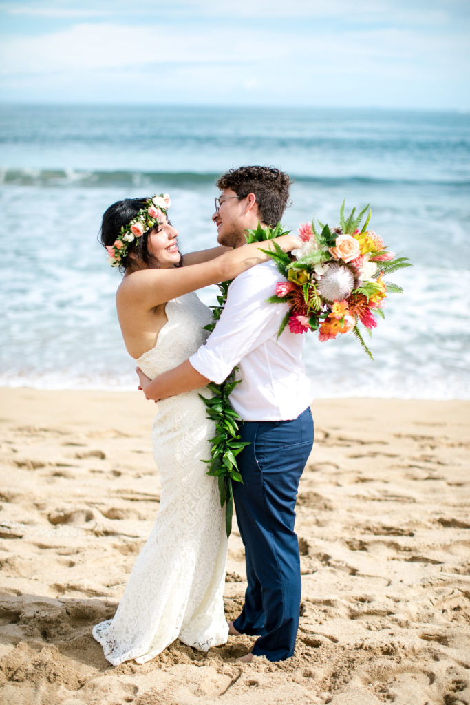 Bride and Groom on the beach in Hawaii.