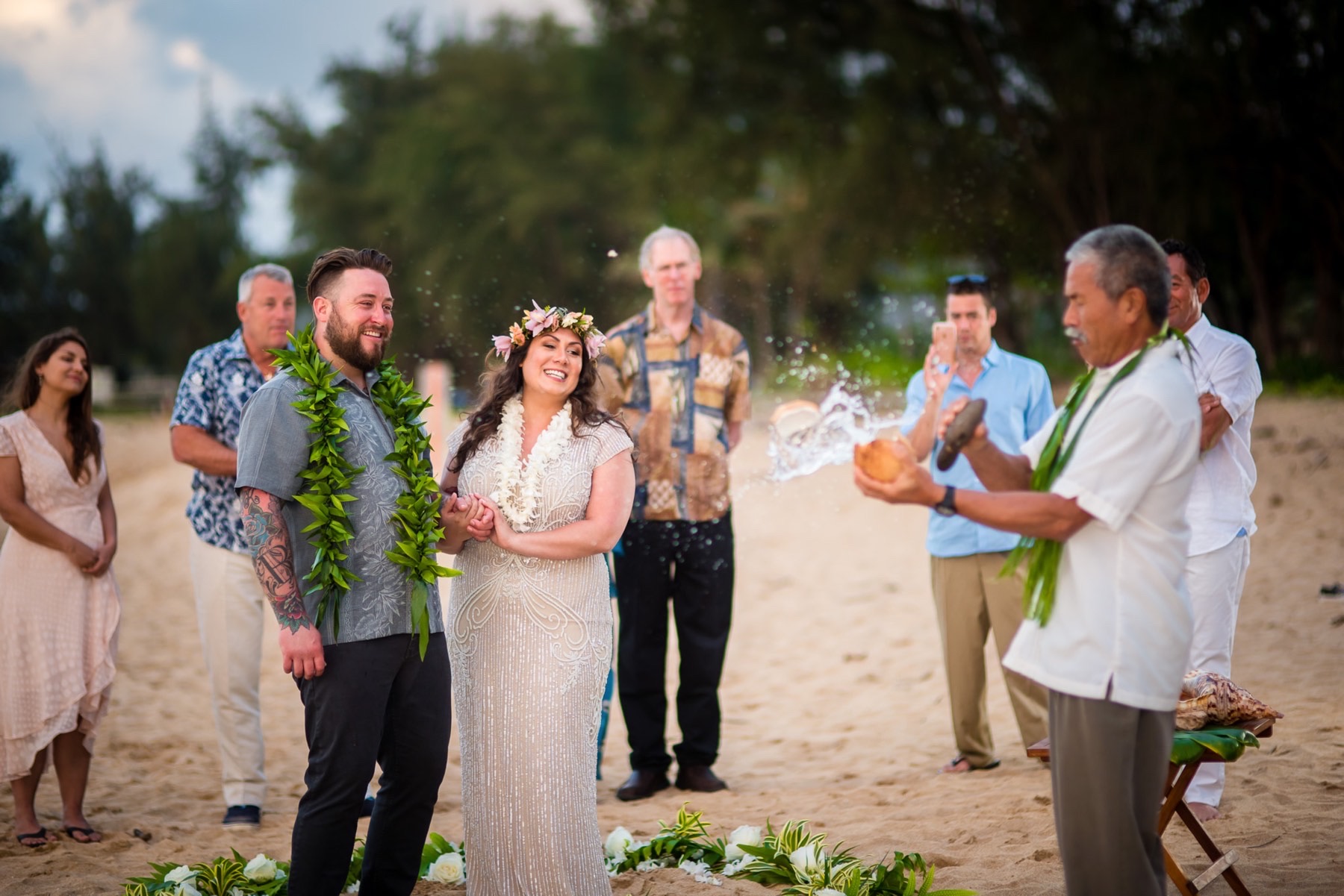 Alexis & Derek and family at their wedding in Hawaii.