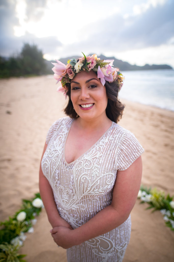 Bride on the beach in Kauai.