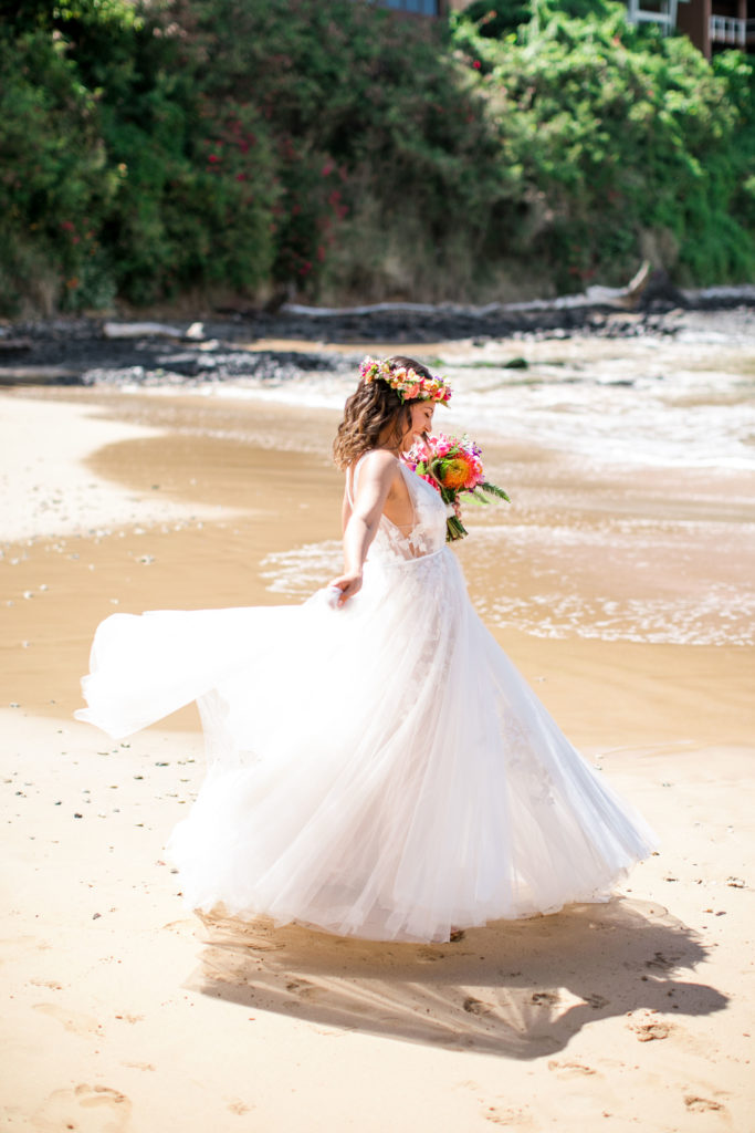 Bride on the beach in Kauai.