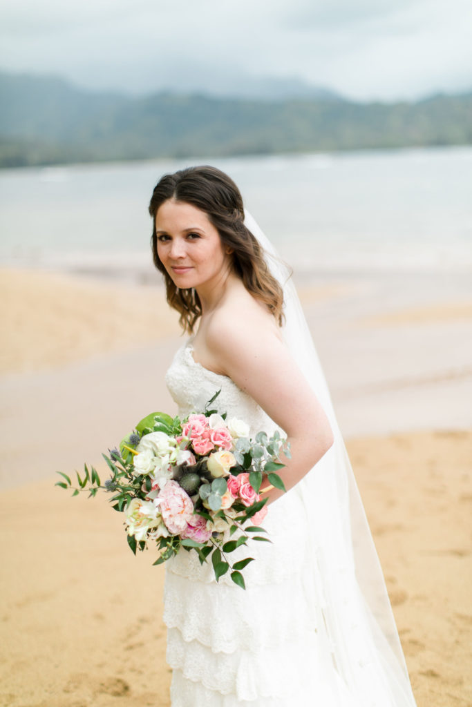 Bride on the beach in Kauai.