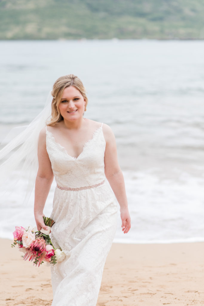 Bride on the beach in Kauai.