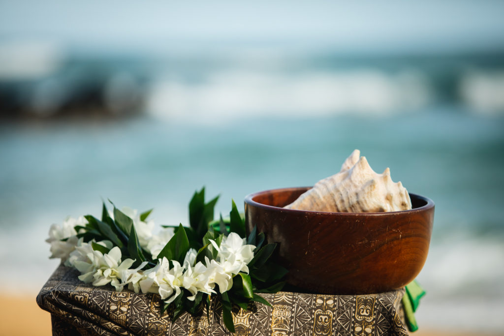 Lei and seashell on the beach.