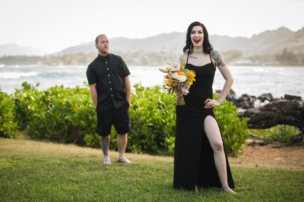 Bride and groom posing for photos on their wedding day.