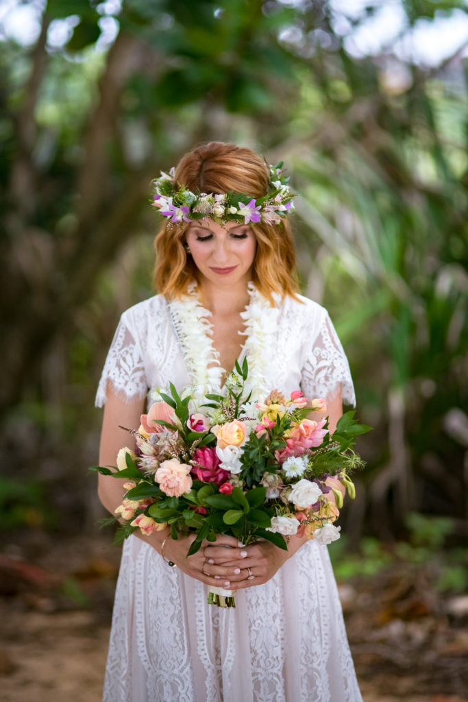 Bride on the beach in Kauai.