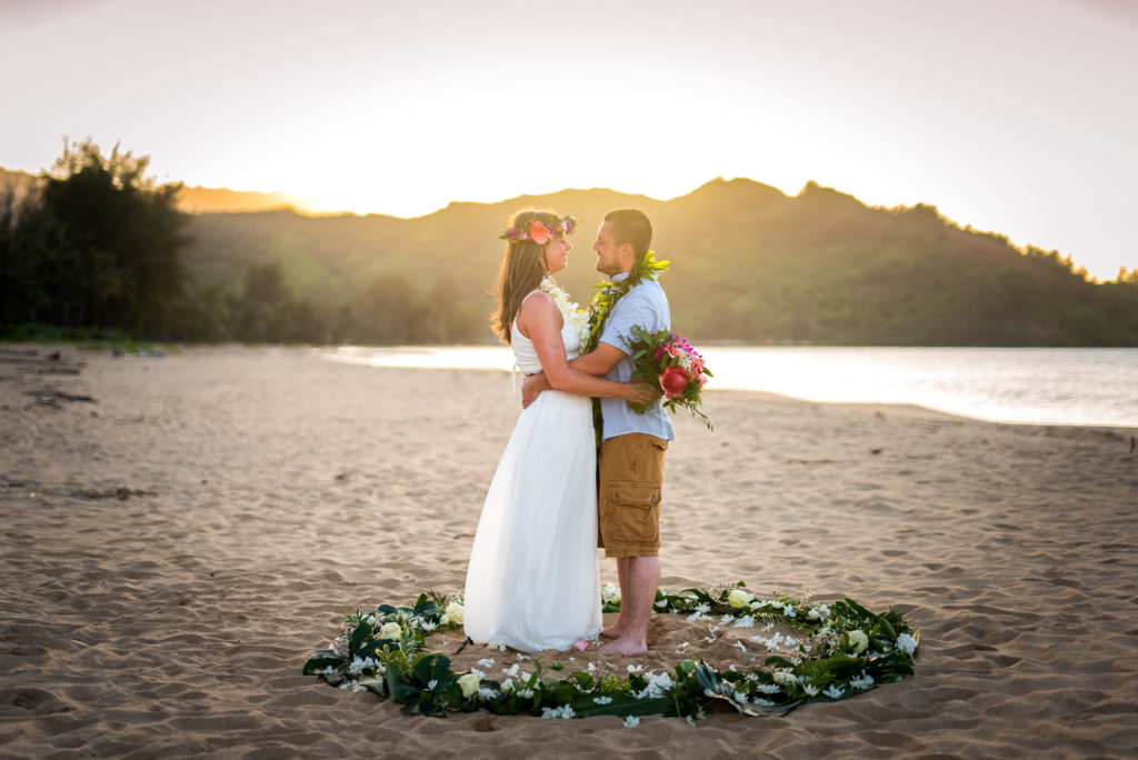Bride and groom on the beach.