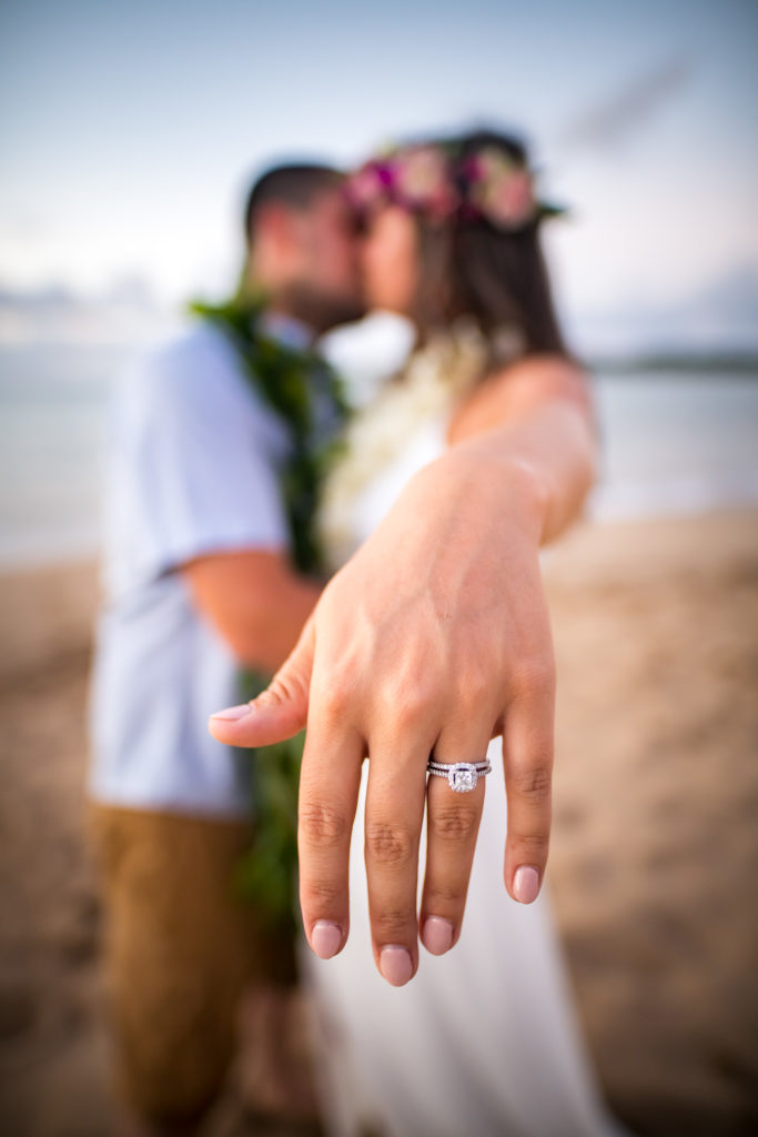Close up of the ring on bride's hand.