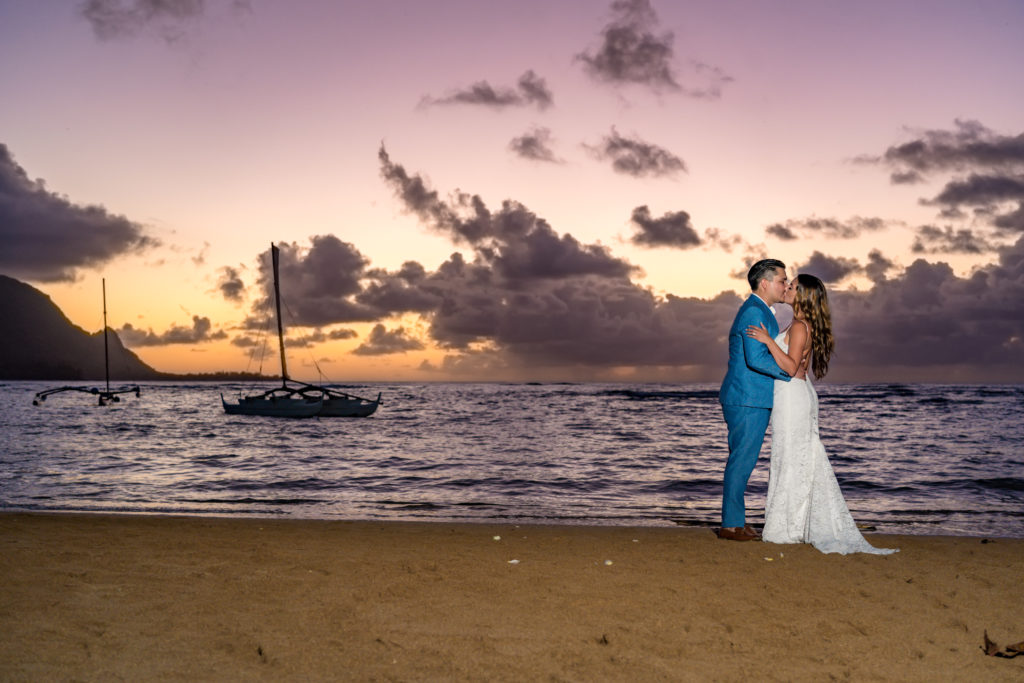 Bride and groom on the beach.