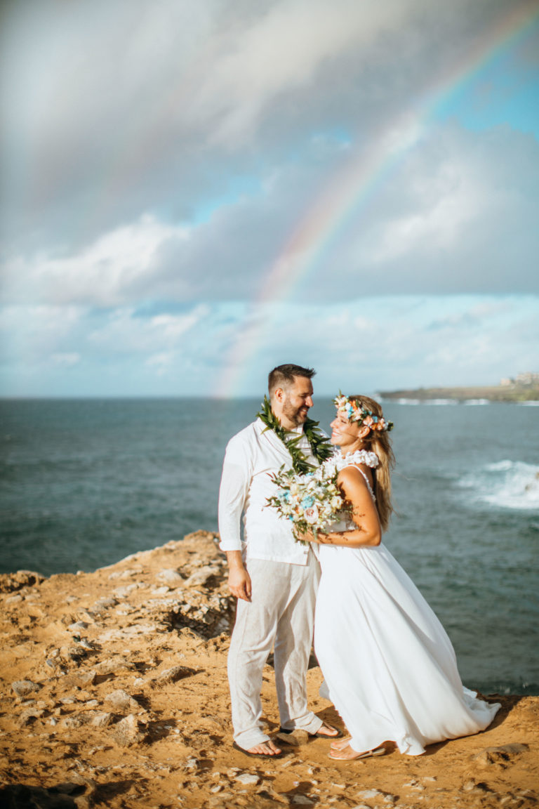 Bride and Groom on the beach in Kauai.