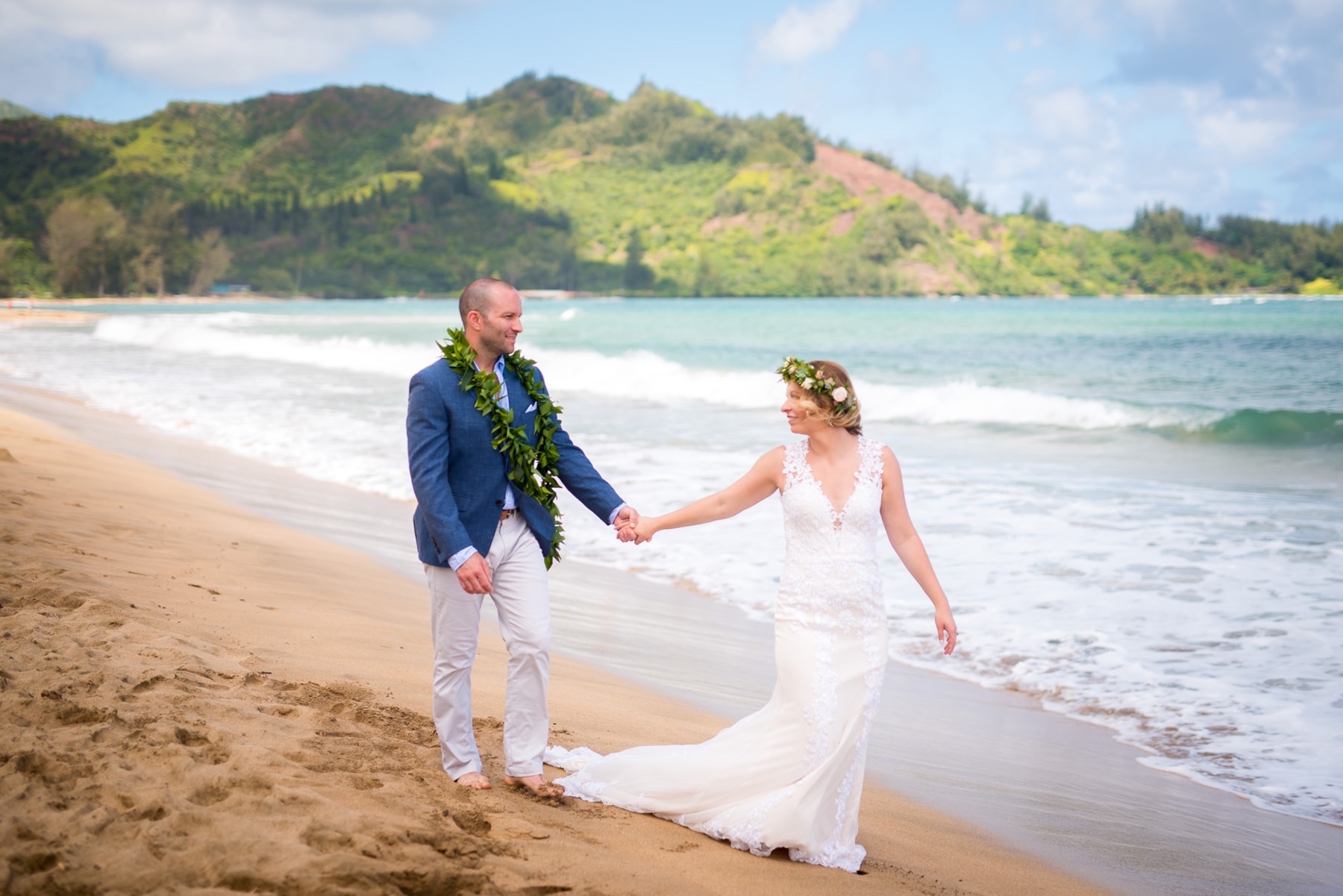 Bride and groom on the beach.
