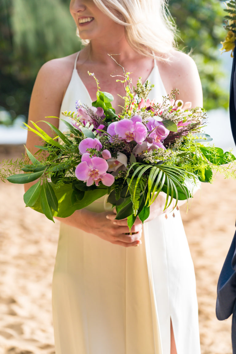 Bride with Hawaiian flower bouquet.