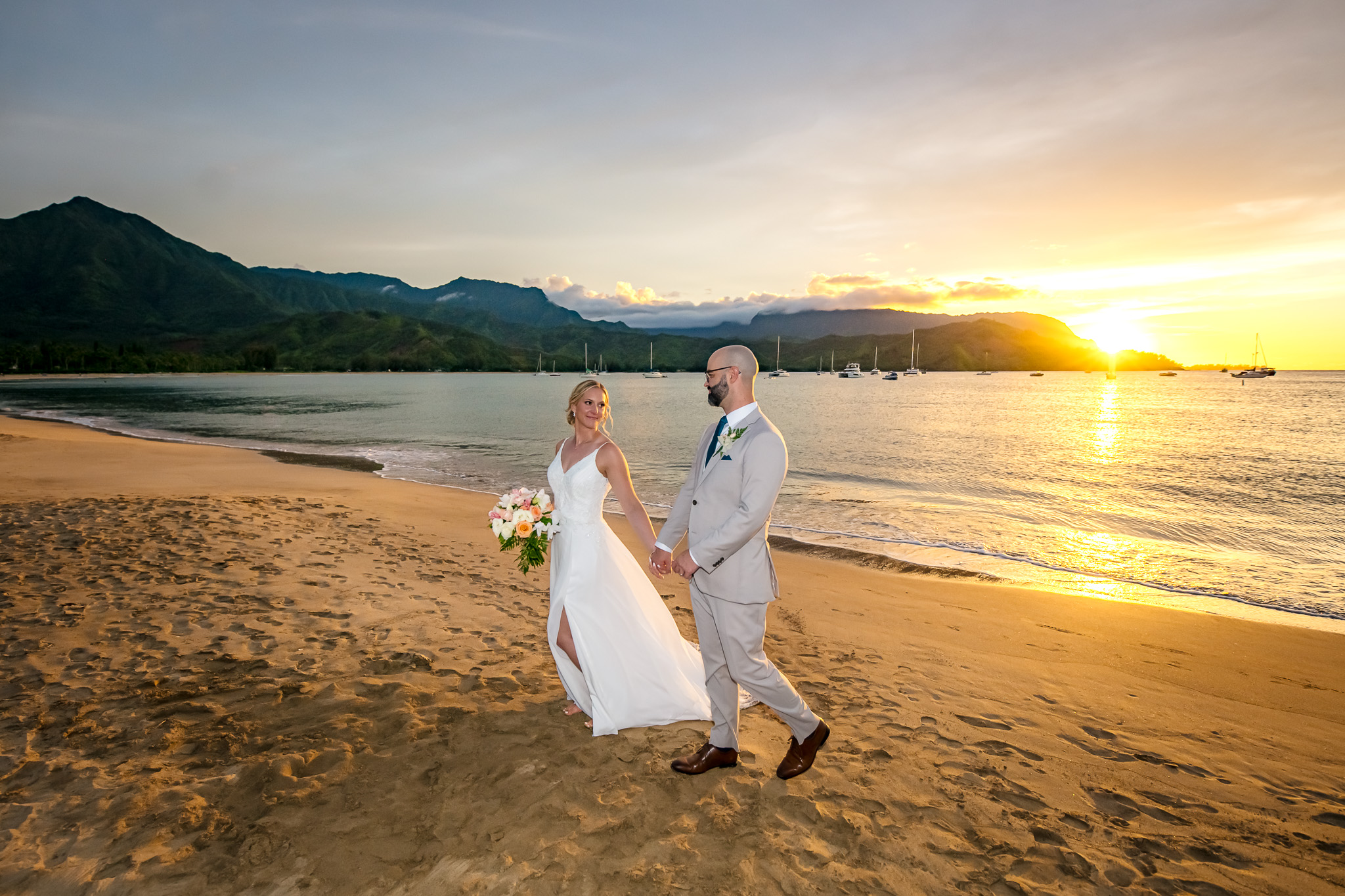 Beautiful Sunset wedding at Hanalei bay for Stephanie and Ben in early September. 