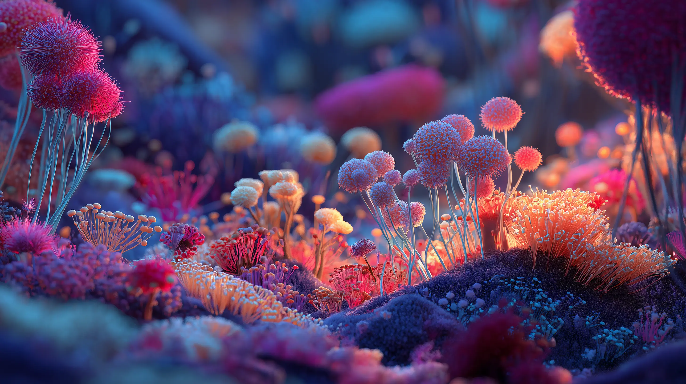 Underwater illustration of colorful coral-like marine organisms growing on the ocean floor.