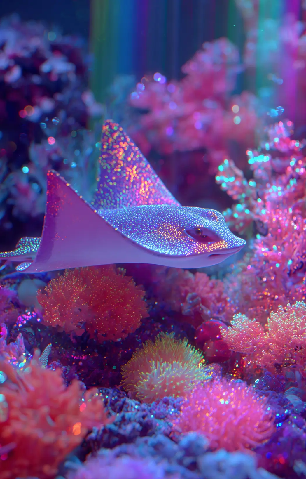 Underwater illustration showing stingray, bioluminescent spots, and pink coral garden with bokeh effects.