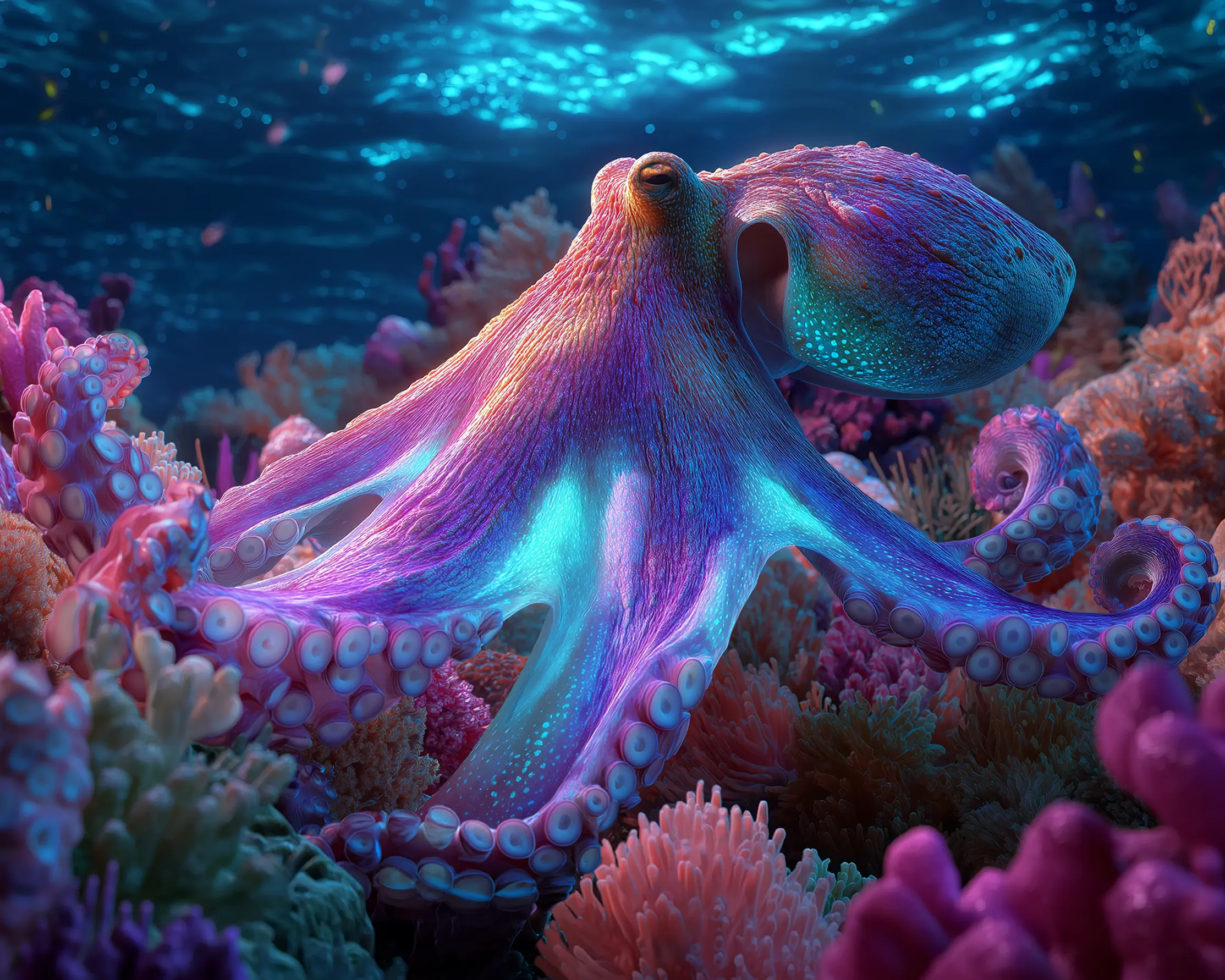 Underwater illustration showing vibrant octopus, extended tentacles, and colorful coral reef habitat.