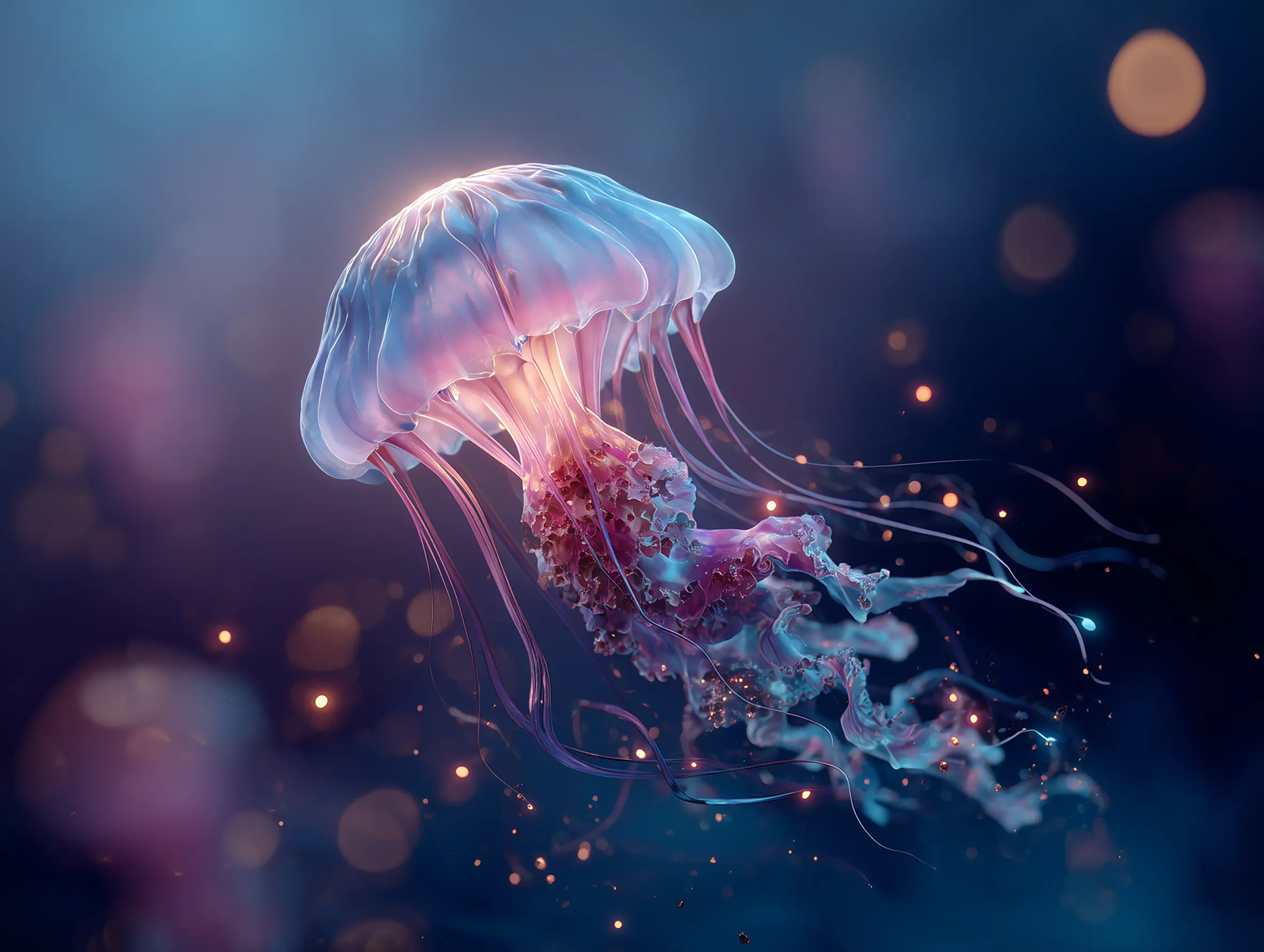 Underwater illustration showing translucent jellyfish, gradient tentacles, and golden bokeh lights in dark water.