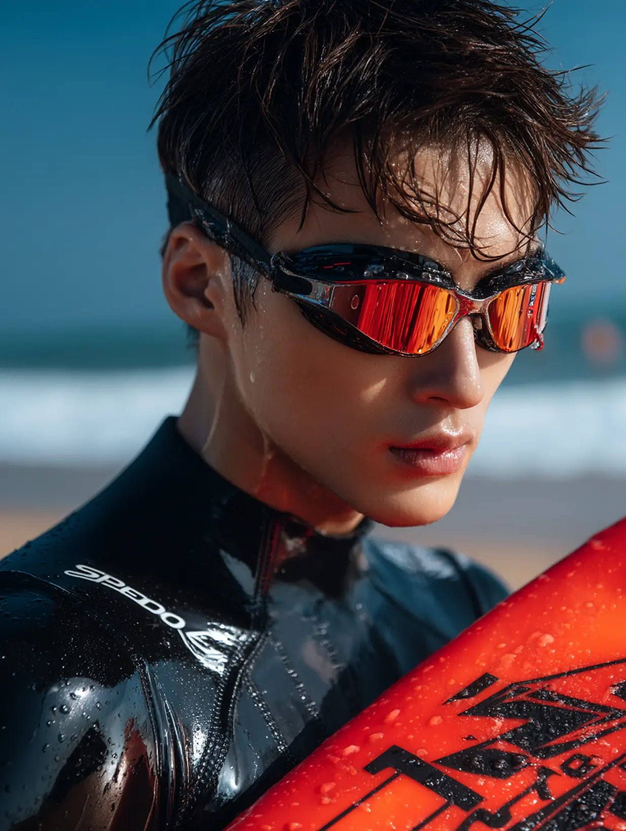 Man wearing reflective red swimming goggles and a black Speedo wetsuit holding a red surfboard at the beach.