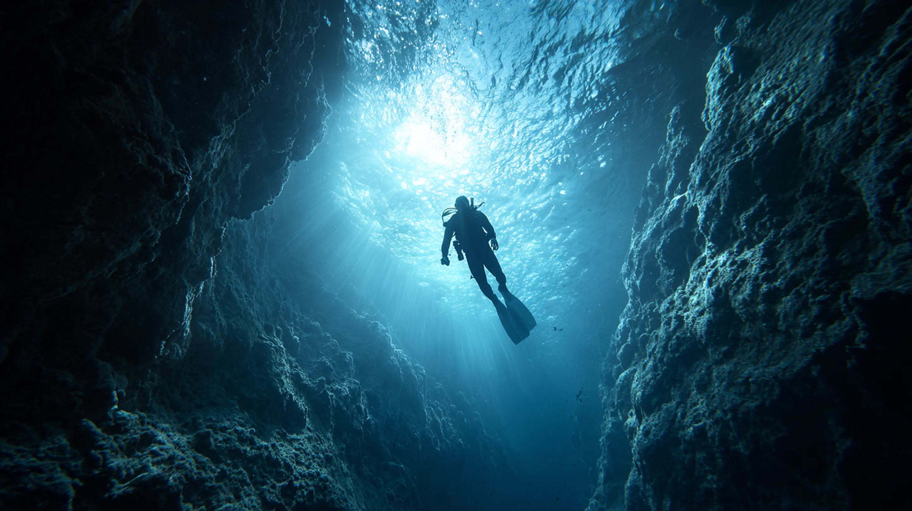 Scuba diver silhouetted against sunlight swimming underwater between rocky formations.