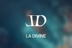 Logo of the brand LA DIVINE with stylized white initials 'LD' on a blurred blue background.