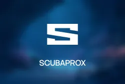 White SCUBAPROX logo with stylized S on a dark blue blurred background.