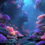 Underwater illustration of a vibrant coral reef passage with sunlight filtering through the water.