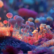 Underwater illustration of colorful coral-like marine organisms growing on the ocean floor.
