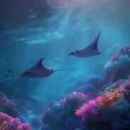 Underwater illustration of two manta rays swimming in clear blue ocean water above coral reefs.